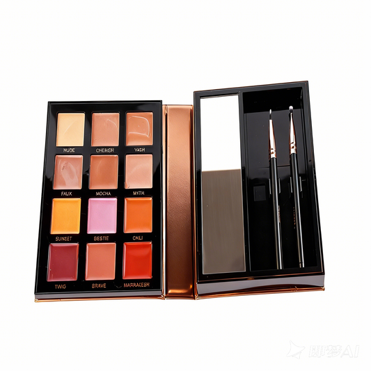 MCcosme OEM manufacturing sample of a 12 color lip shade library master palette with brushes.