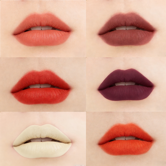 6 shade matte lipstick lip swatch chart on model showing full coverage. Custom makeup manufacturing by MCcosme.