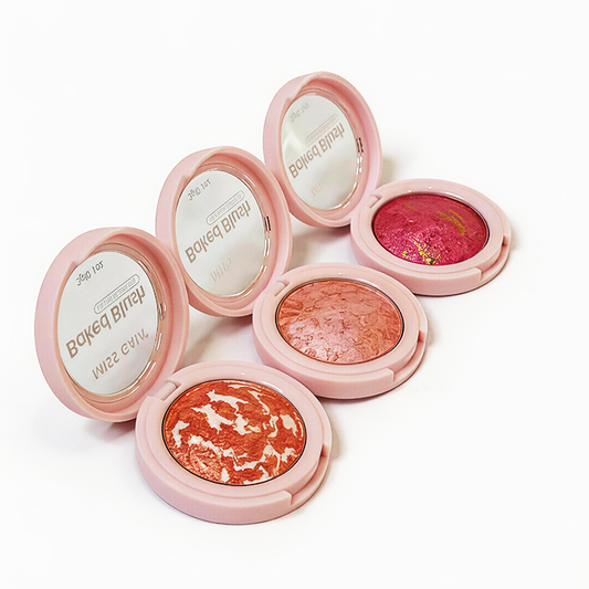 Round cosmetic compact packaging with clear window lid, showcasing baked blush texture and allowing for custom logo printing.