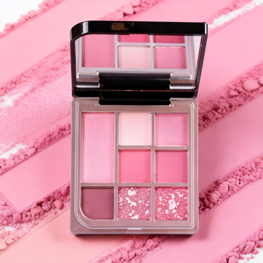 Custom rosy pink 8-color eyeshadow and blush palette for soft glam looks. OEM makeup manufacturer MCcosme.