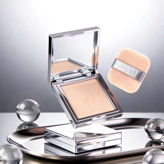 Futuristic silver makeup packaging photography of a pressed powder compact by MCcosme private label.
