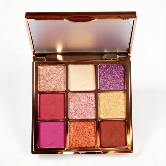 Luxury private label rose gold 9-pan eyeshadow palette. High-quality makeup manufacturing by MCcosme.