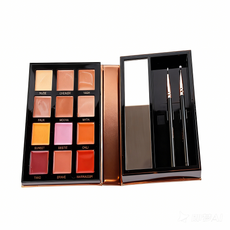 MCcosme OEM manufacturing sample of a 12 color lip shade library master palette with brushes.