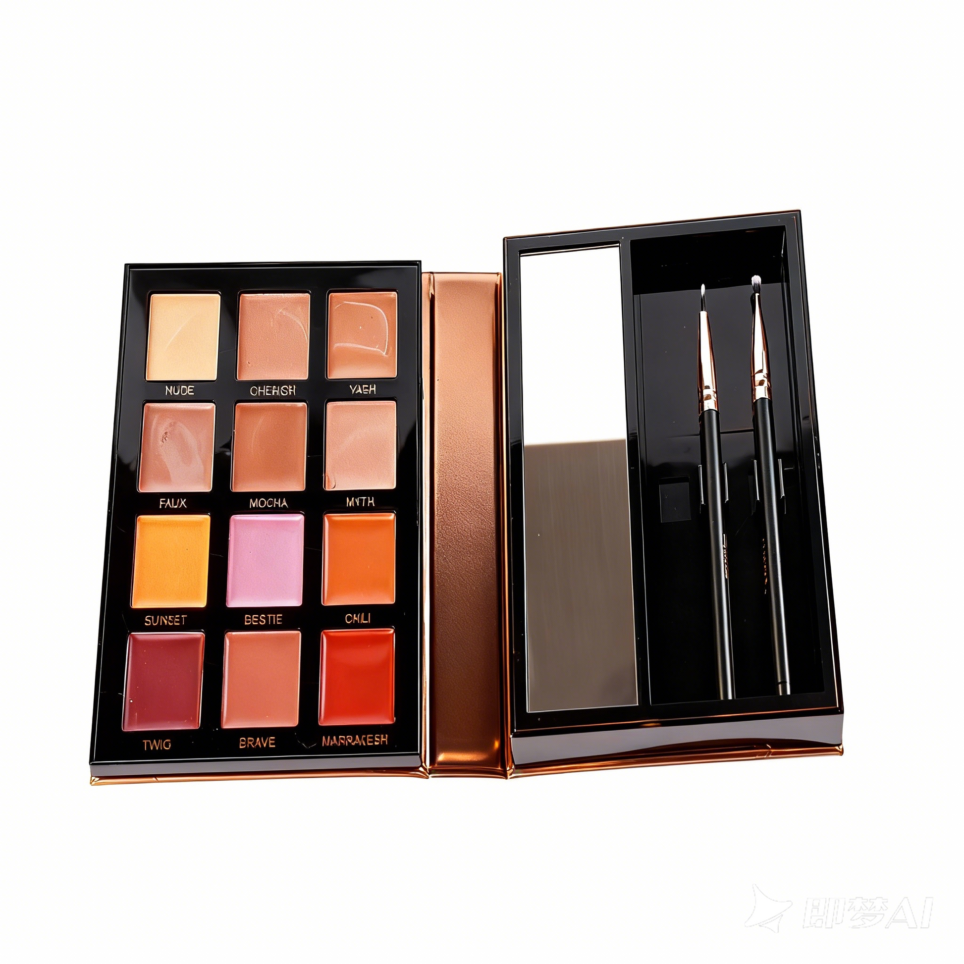 MCcosme OEM manufacturing sample of a 12 color lip shade library master palette with brushes.