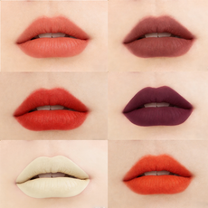 6 shade matte lipstick lip swatch chart on model showing full coverage. Custom makeup manufacturing by MCcosme.