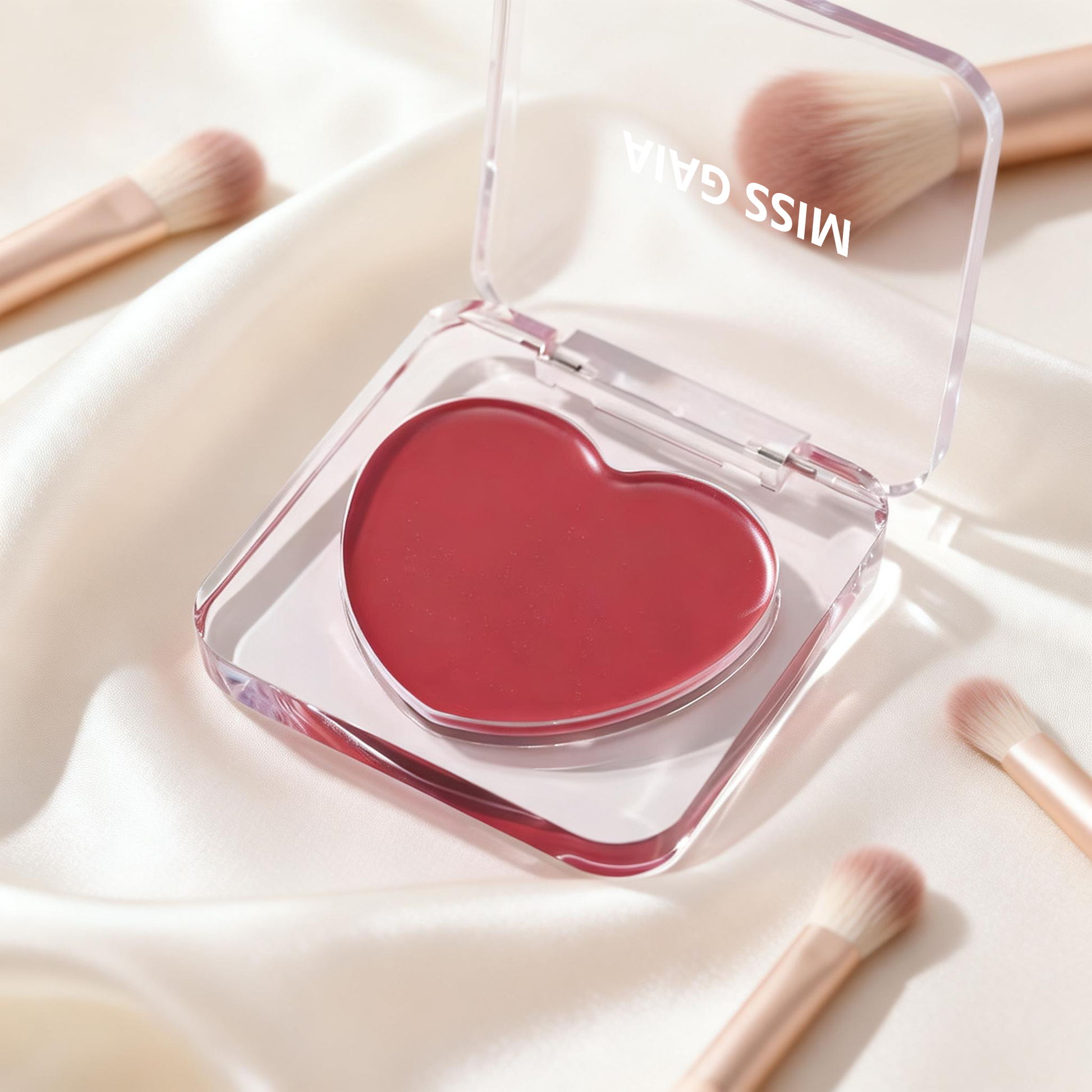 Aesthetic heart blush packaging design with makeup brushes. Premium private label cosmetic solutions by MCcosme.