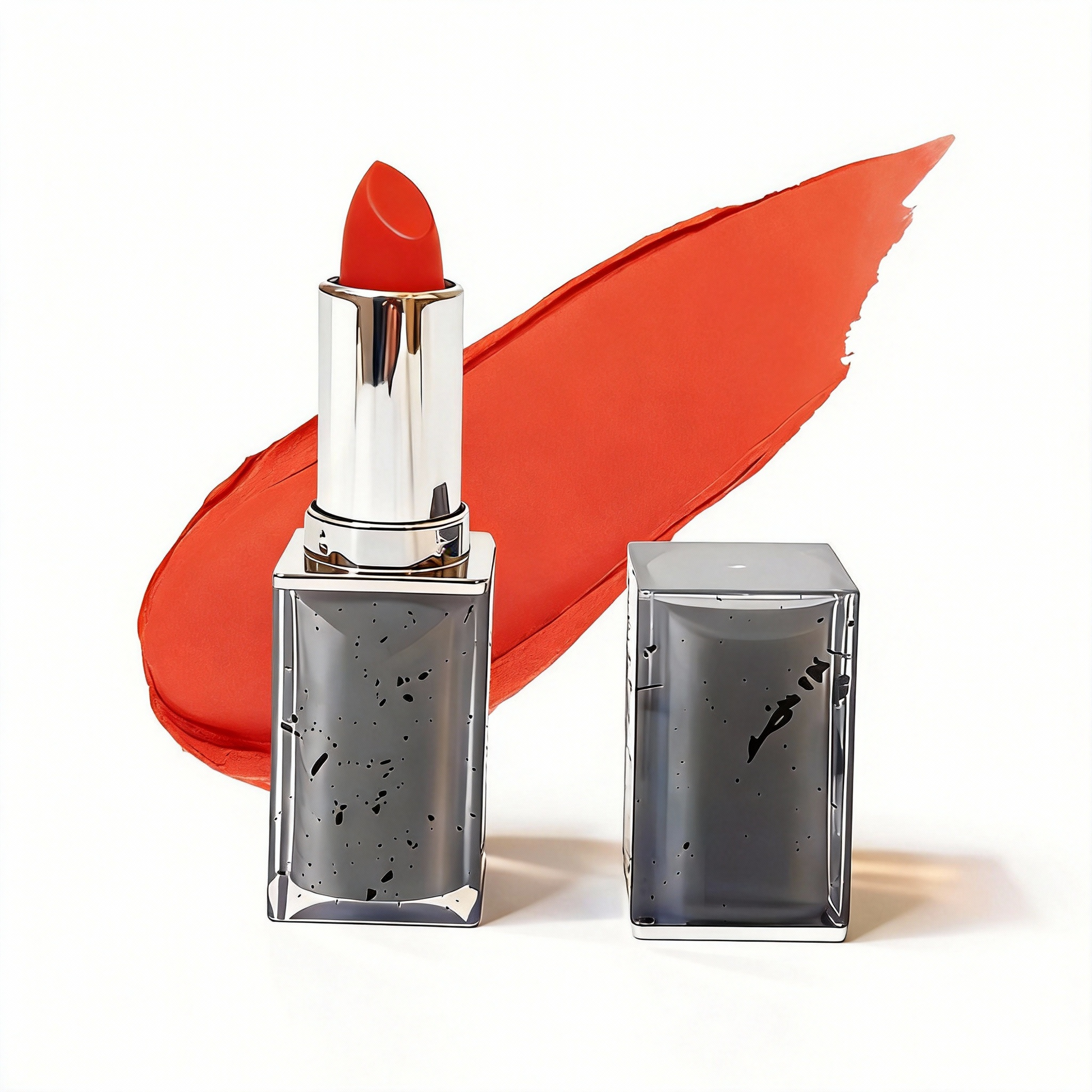 Bright chili red lipstick in a unique smoke acrylic case. Factory direct OEM makeup from MCcosme.