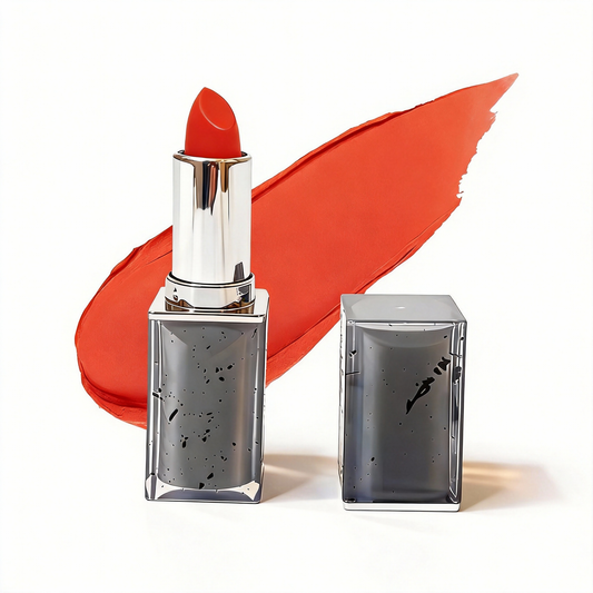 Bright chili red lipstick in a unique smoke acrylic case. Factory direct OEM makeup from MCcosme.