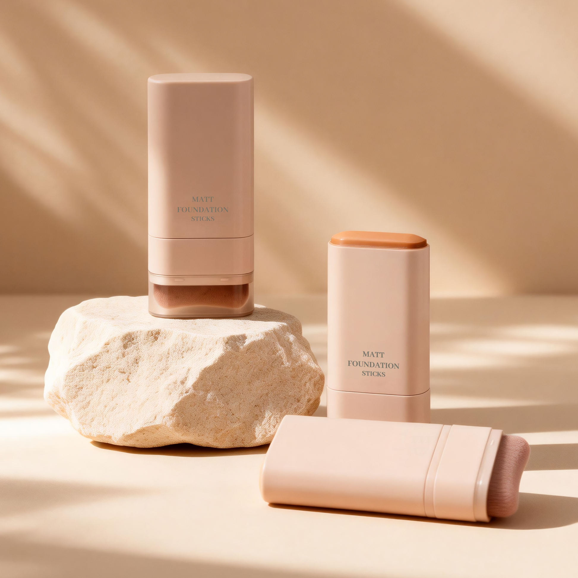 Bulk wholesale makeup foundation sticks displayed on a stone by MCcosme supplier in China.