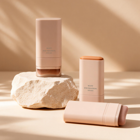 Bulk wholesale makeup foundation sticks displayed on a stone by MCcosme supplier in China.