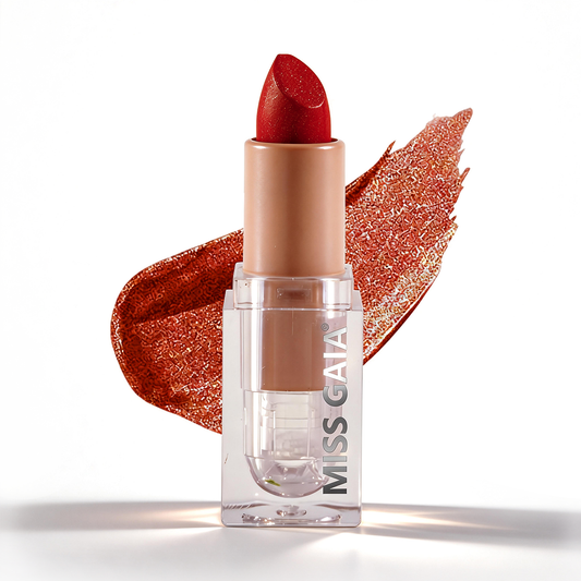 Classic red metallic lipstick in crystal clear packaging. Premium private label makeup by MCcosme.