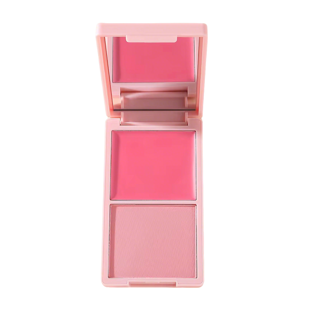 Pink monochrome cosmetic compact case featuring a built-in mirror, high-quality packaging for blush products.