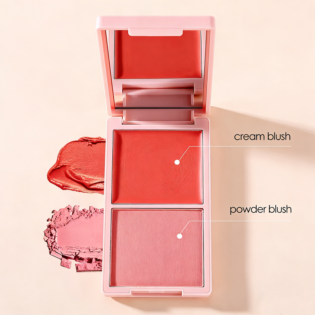 Detailed shot of duo blush palette featuring both cream and powder textures, demonstrating multi-finish formula for OEM cosmetic production.