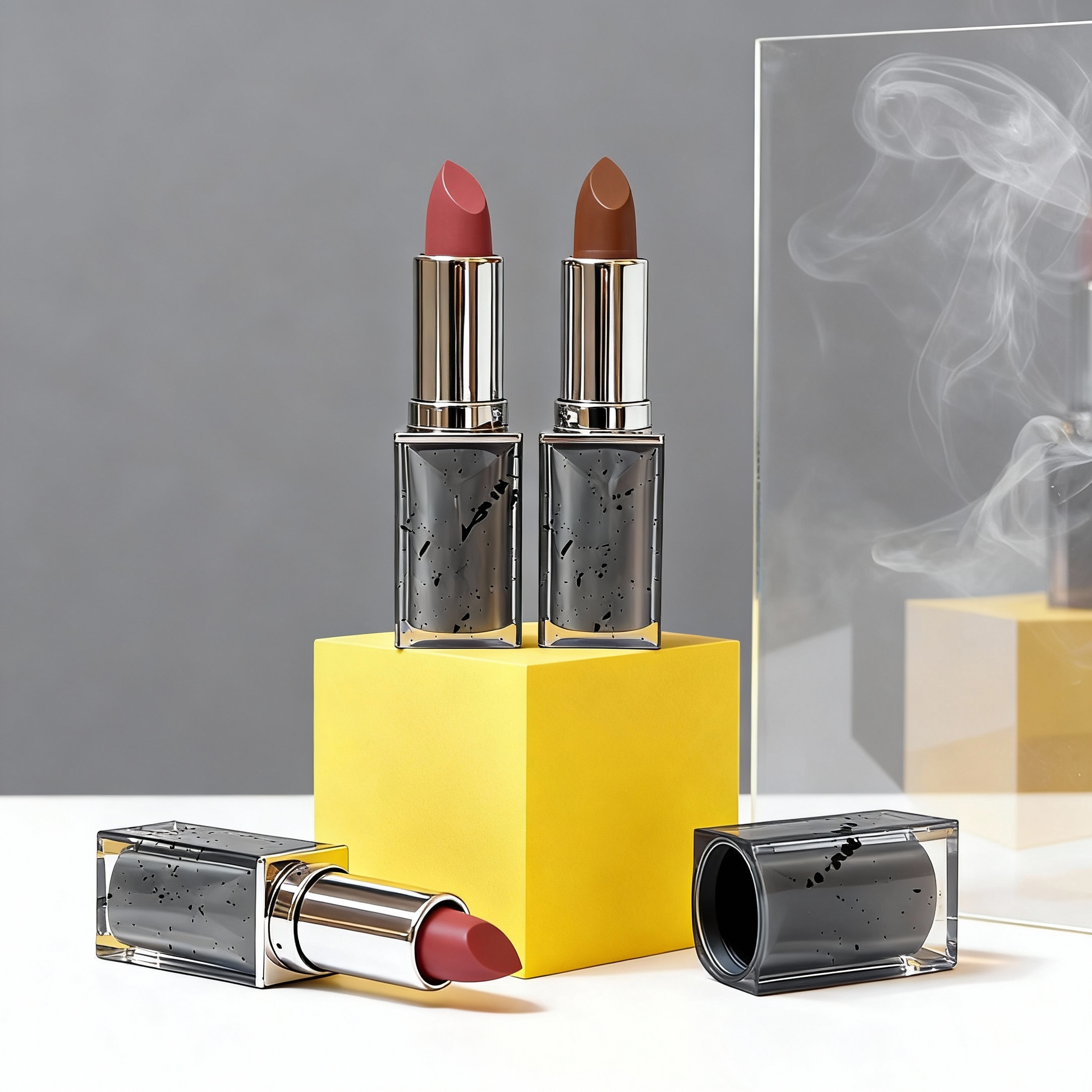 Creative cosmetic photography of smoke grey lipsticks on a display stand. B2B makeup supplier MCcosme.