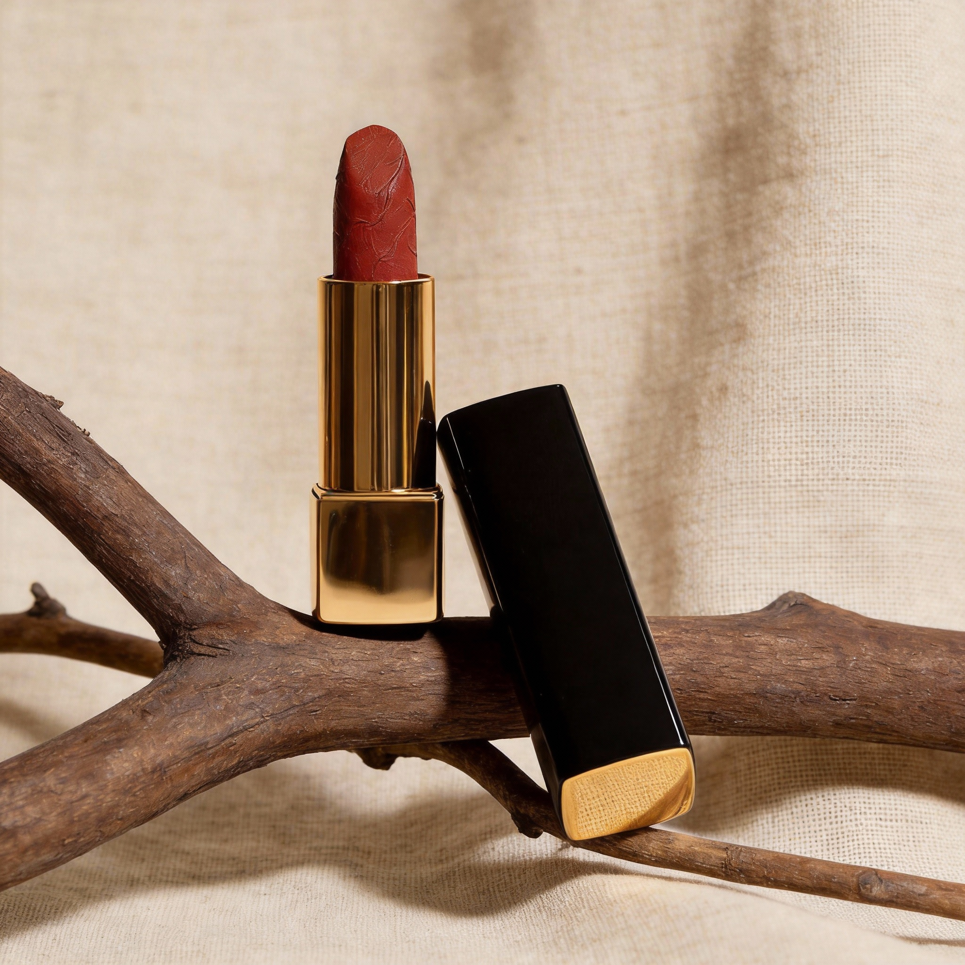 Custom embossed lipstick bullet featuring a leather texture design. Premium OEM cosmetic solutions by MCcosme.