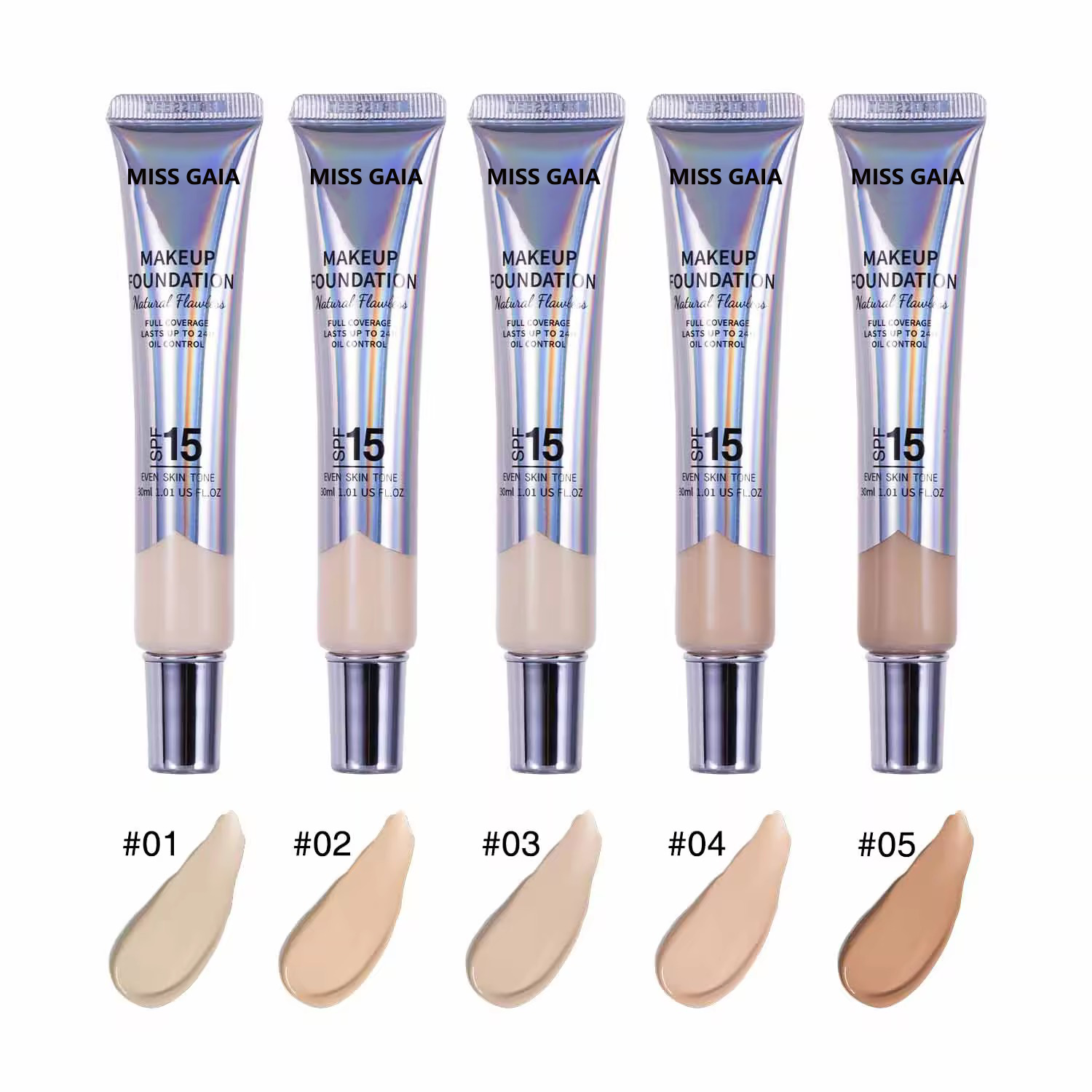 Foundation shade range chart from fair to tan (01-05), showcasing inclusive color matching services for OEM clients.