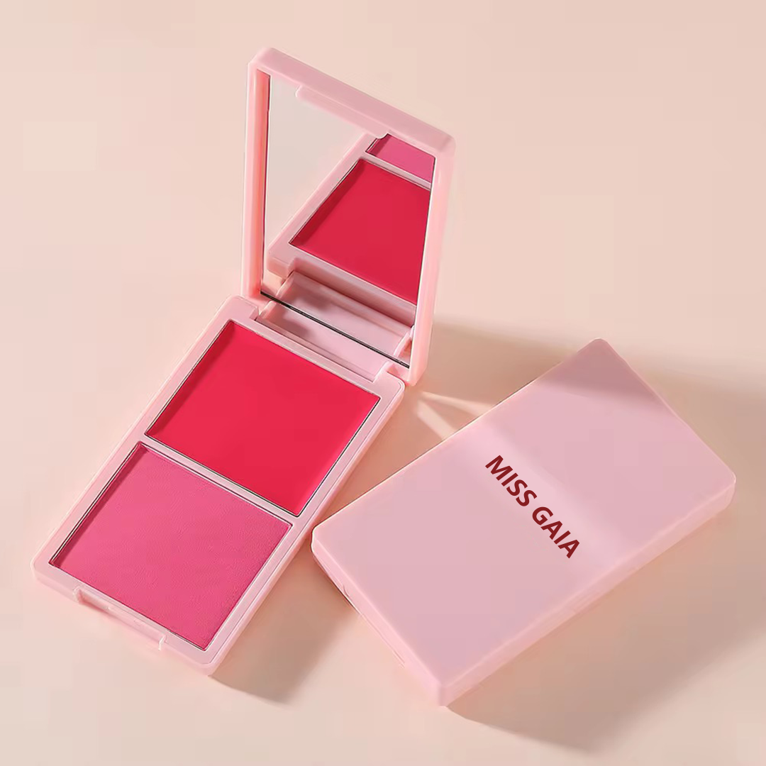 Pink blush compact with custom logo printing example, showcasing branding services for private label cosmetic clients.