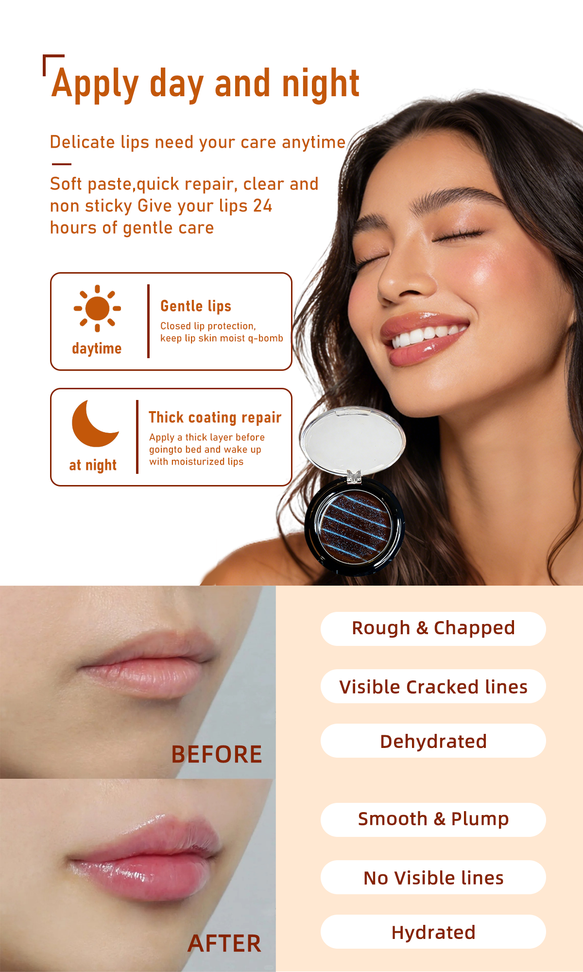 Day and night lip repair sleeping mask infographic. OEM and private label lip care manufacturing by MCcosme.