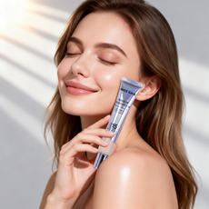 Model demonstrating the natural glow finish of the serum foundation, marketing asset available for white label partners.