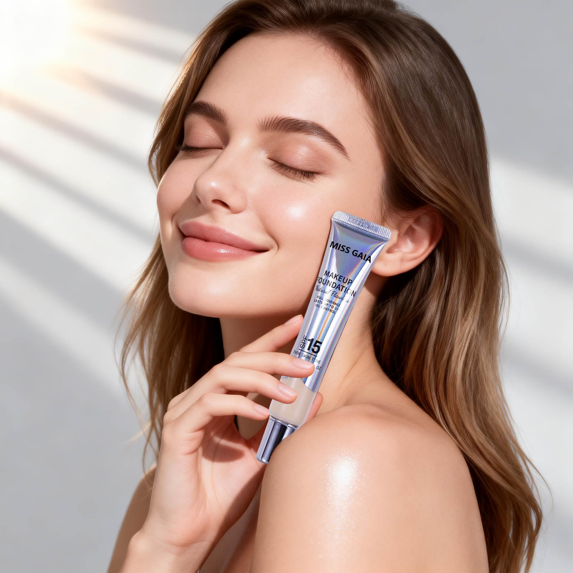 Model demonstrating the natural glow finish of the serum foundation, marketing asset available for white label partners.