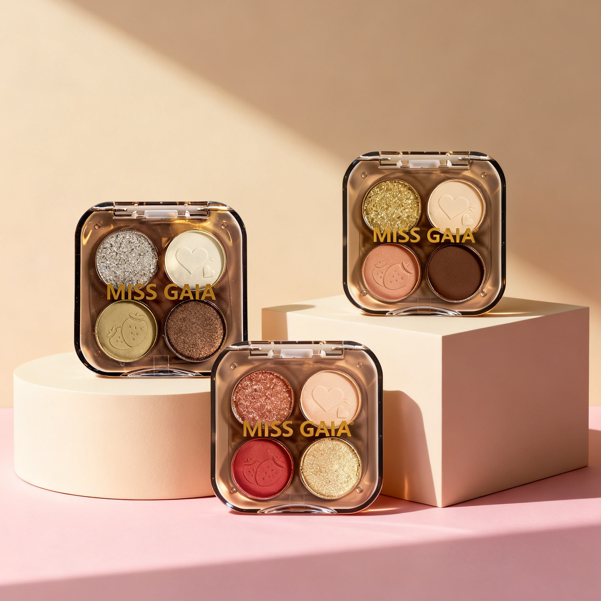 Full collection display of 4-color eyeshadow palettes. Partner with private label makeup supplier MCcosme.