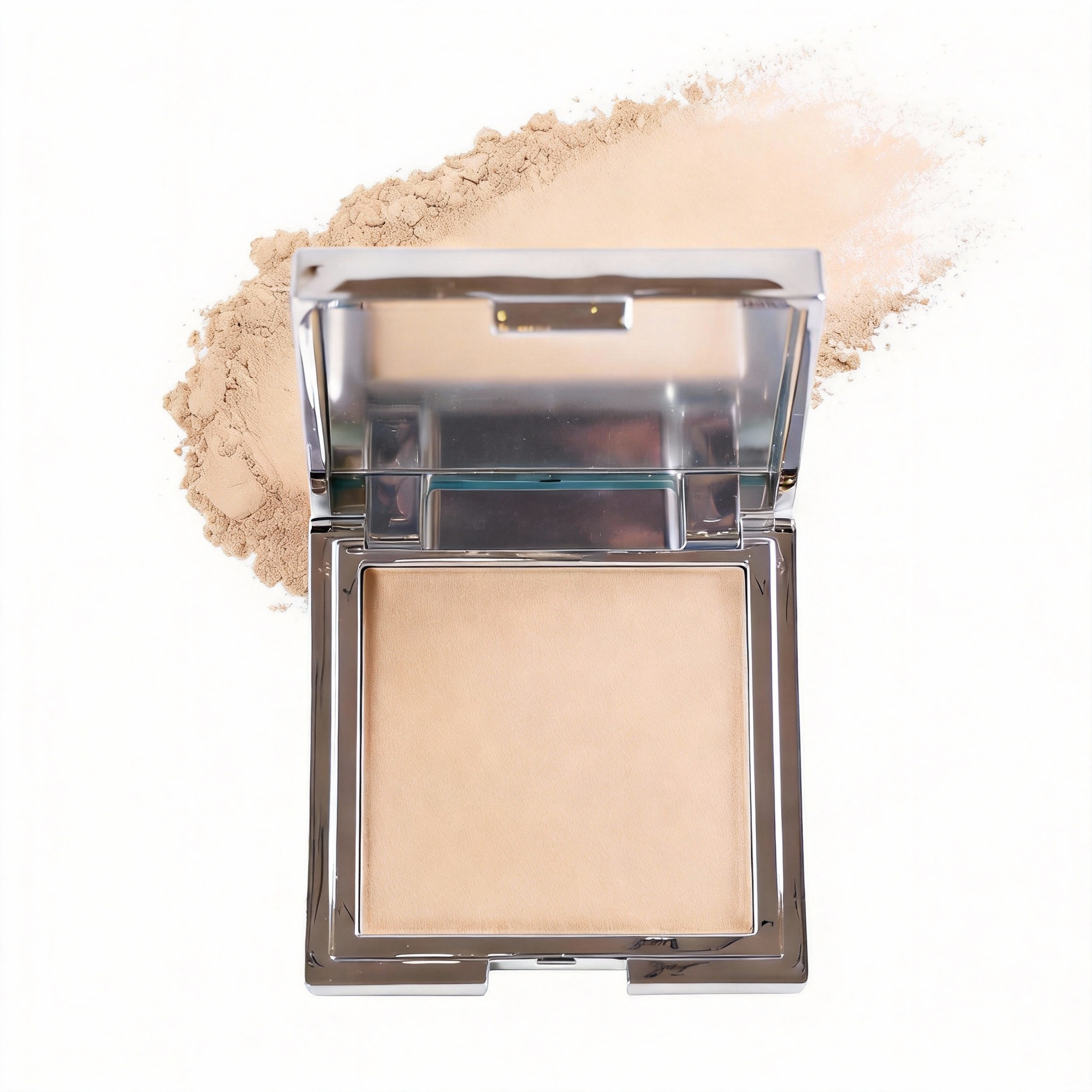 Matte powder foundation in a silver case produced by MCcosme wholesale manufacturer.