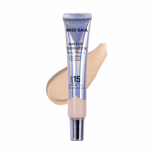 Full coverage liquid foundation swatch showing creamy texture and high pigmentation for bulk cosmetic supply.