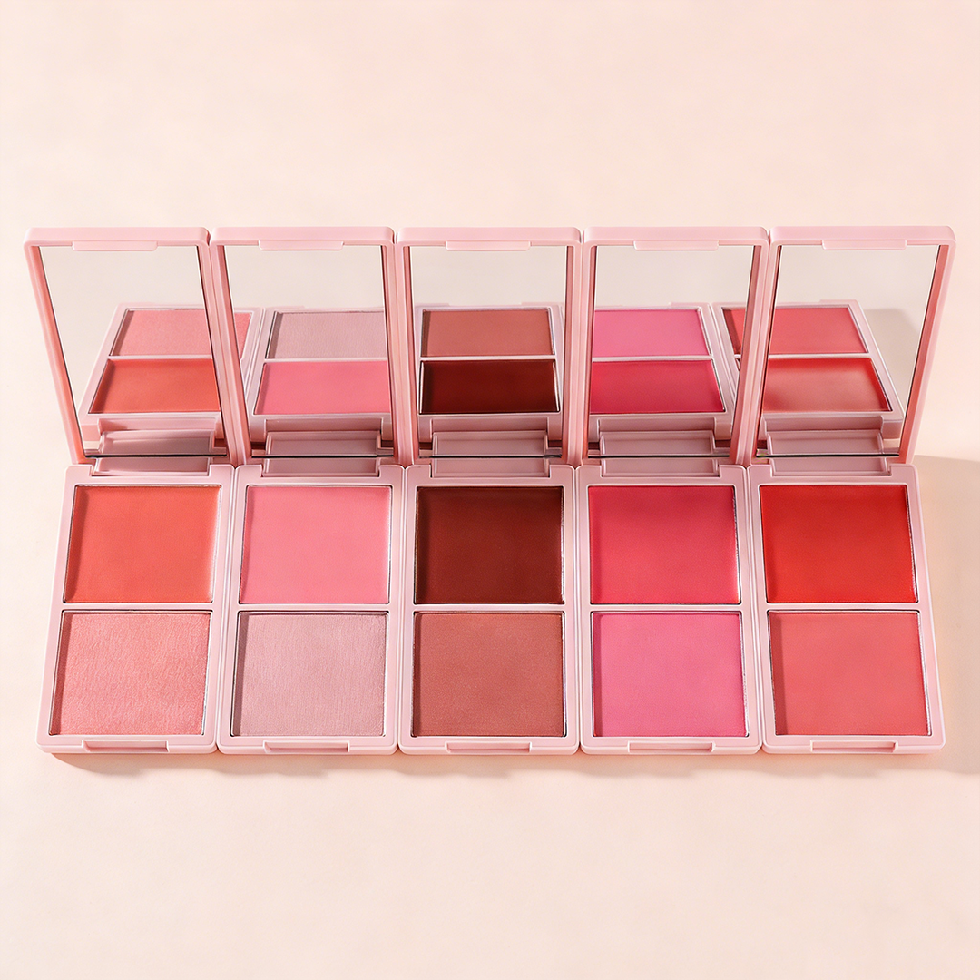 Complete collection of double color blush palettes ranging from nude to berry, bulk supply for global beauty brands.