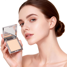 High end beauty brand model holding a silver compact case study manufactured by MCcosme OEM.