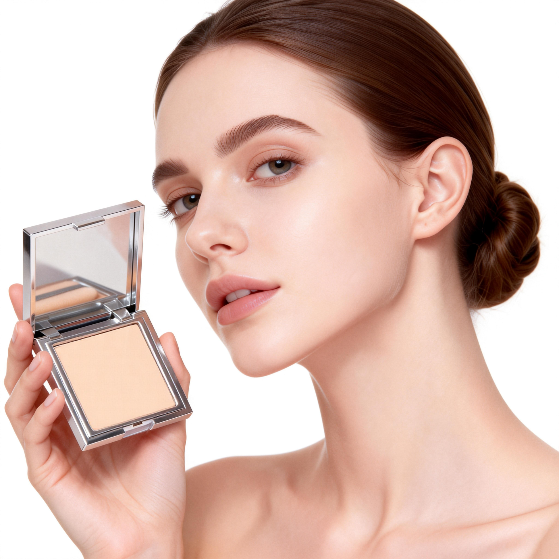 High end beauty brand model holding a silver compact case study manufactured by MCcosme OEM.