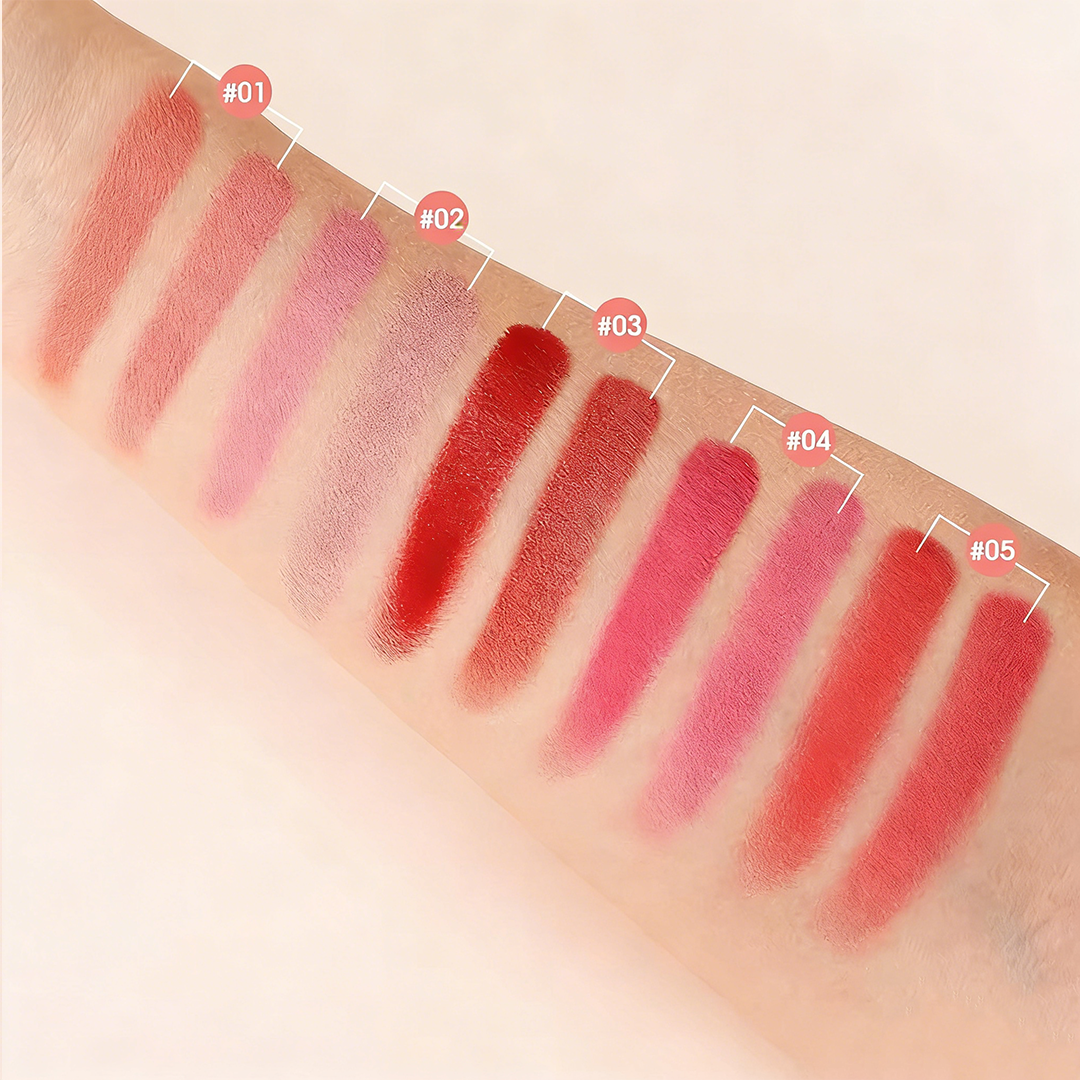 Arm swatches of 5 duo blush shades showing high pigmentation and smooth payoff, color chart for custom makeup lines.