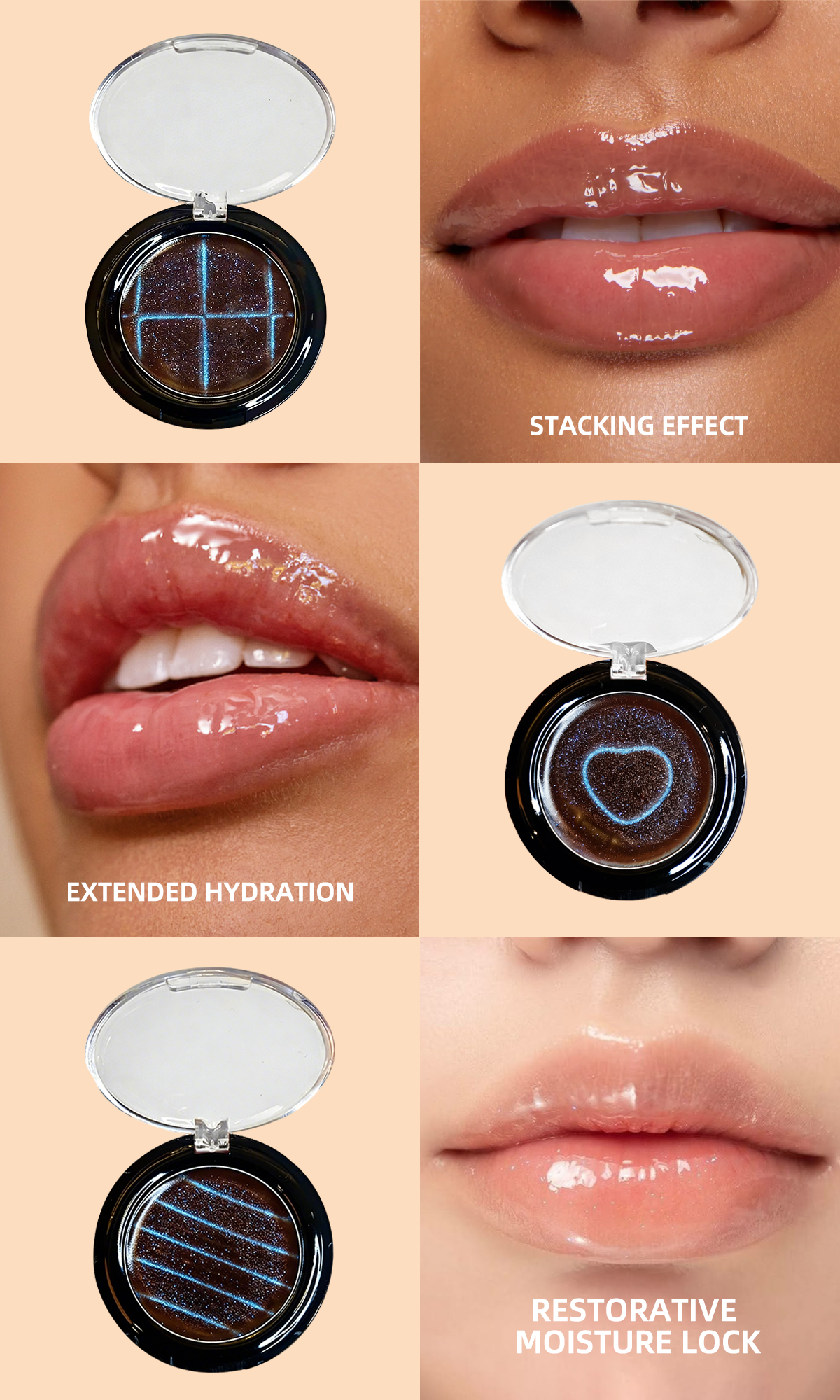 High shine glitter lip balm demonstrating a lip stacking effect. Factory direct wholesale cosmetics by MCcosme.