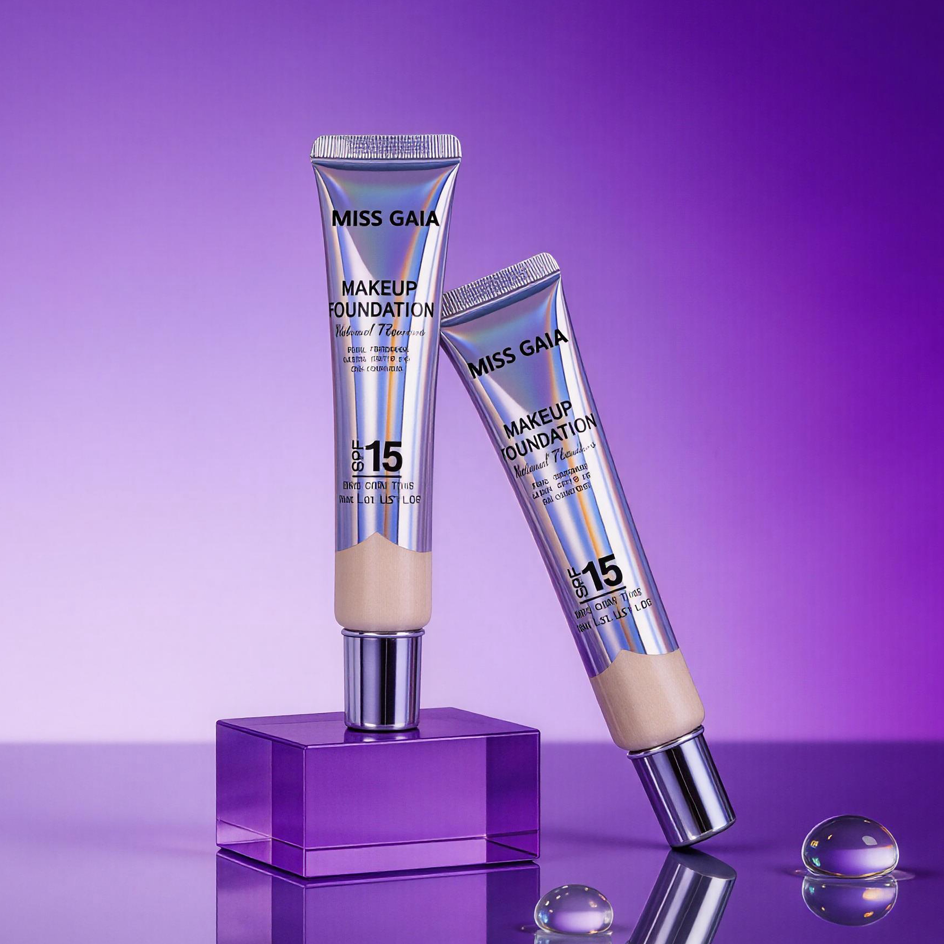 Creative product photography of serum foundation with water elements, highlighting hydrating formula and premium branding potential.