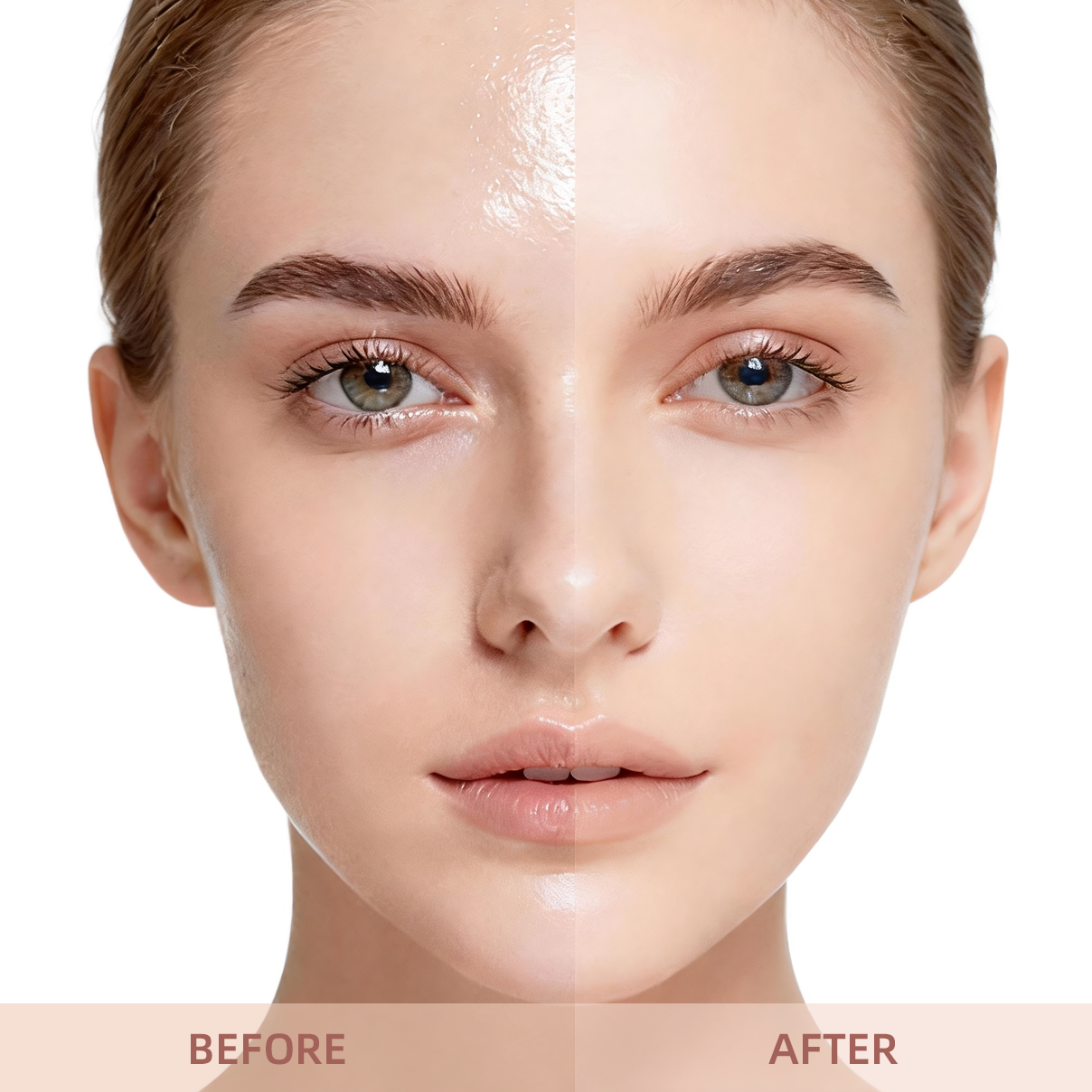 Instant matte blurring effect face powder before and after demonstration from MCcosme cosmetics factory.