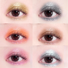 Eye makeup look model effects showing various liquid glitter eyeshadow shades. Partner with B2B makeup supplier MCcosme.