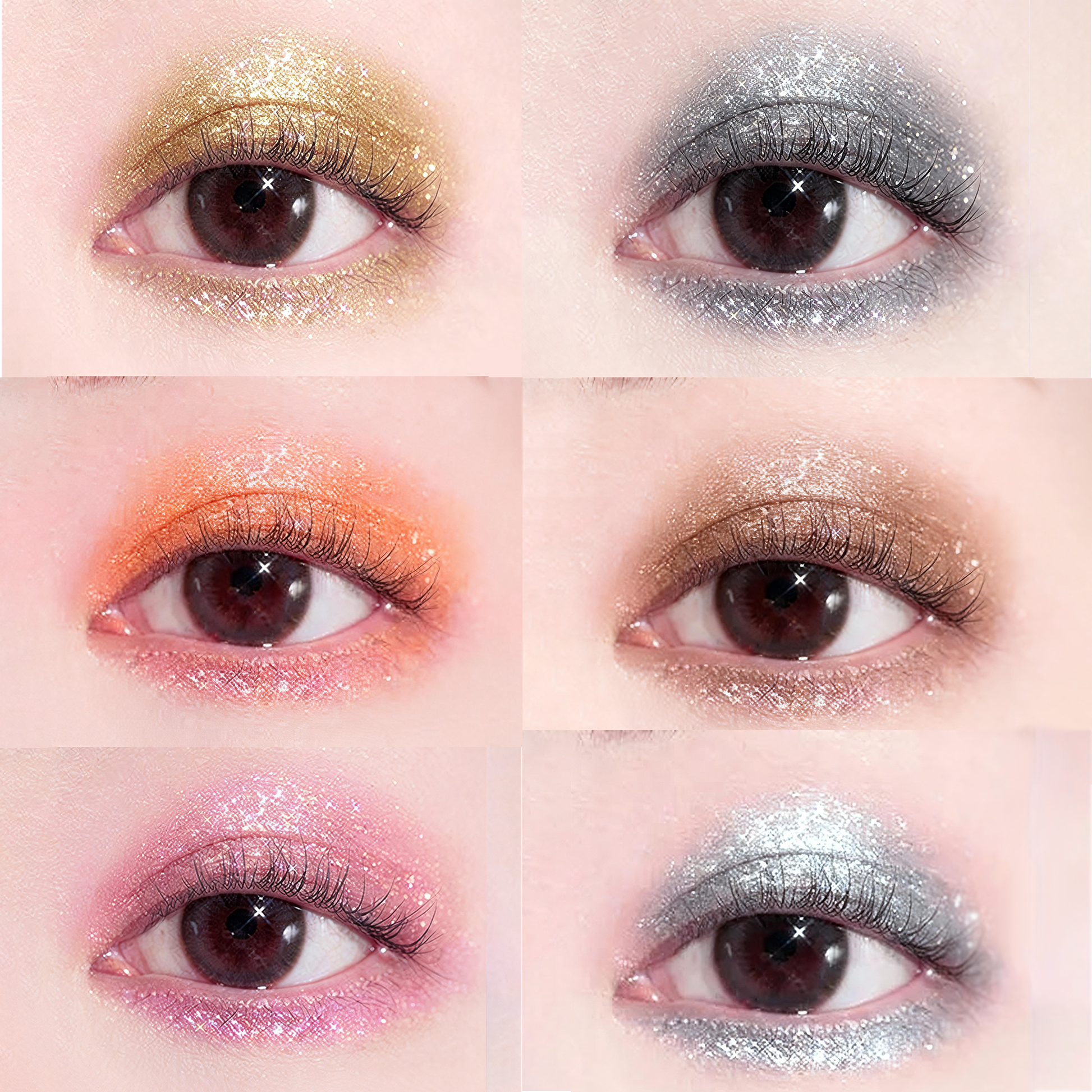 Eye makeup look model effects showing various liquid glitter eyeshadow shades. Partner with B2B makeup supplier MCcosme.