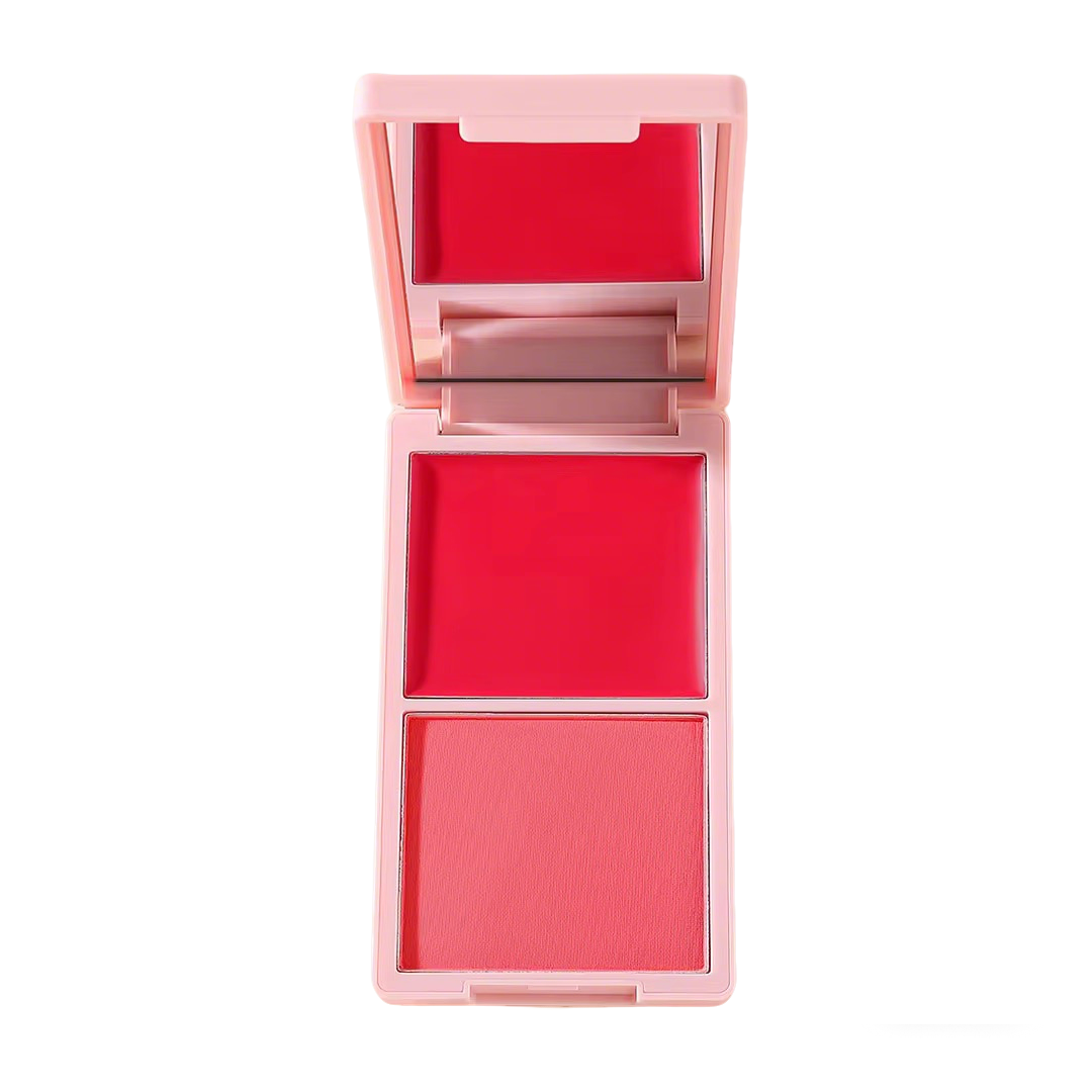 Coral red blush palette offering both matte powder and dewy cream finishes, long-lasting formulation for OEM.