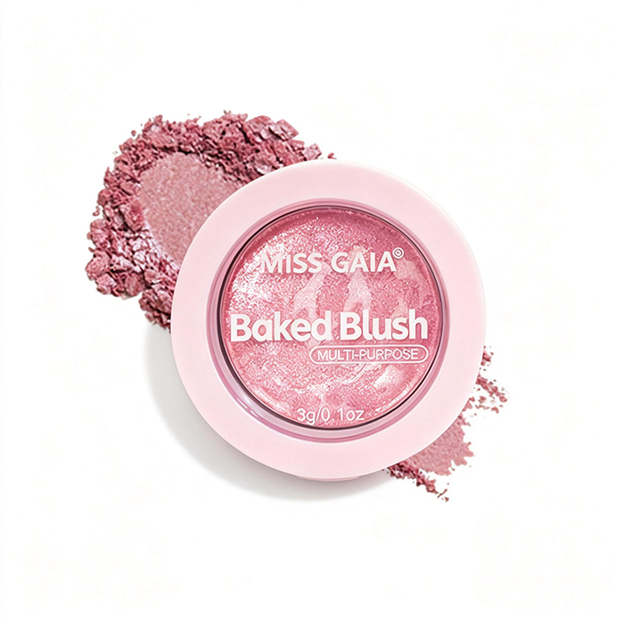 Soft pink luminous baked cheek powder texture, finely milled formula for natural healthy glow makeup.
