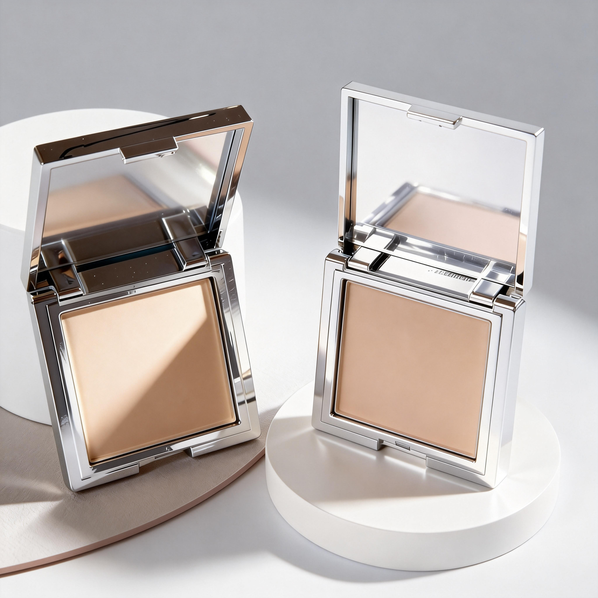 Luxury silver powder compact cases displayed by MCcosme, your trusted wholesale supplier in China.