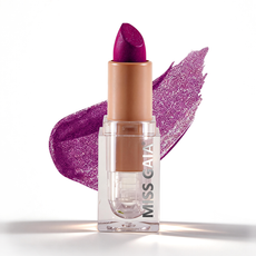 Magenta purple metallic glitter lipstick in a clear tube. High-pigment makeup manufacturing by MCcosme.