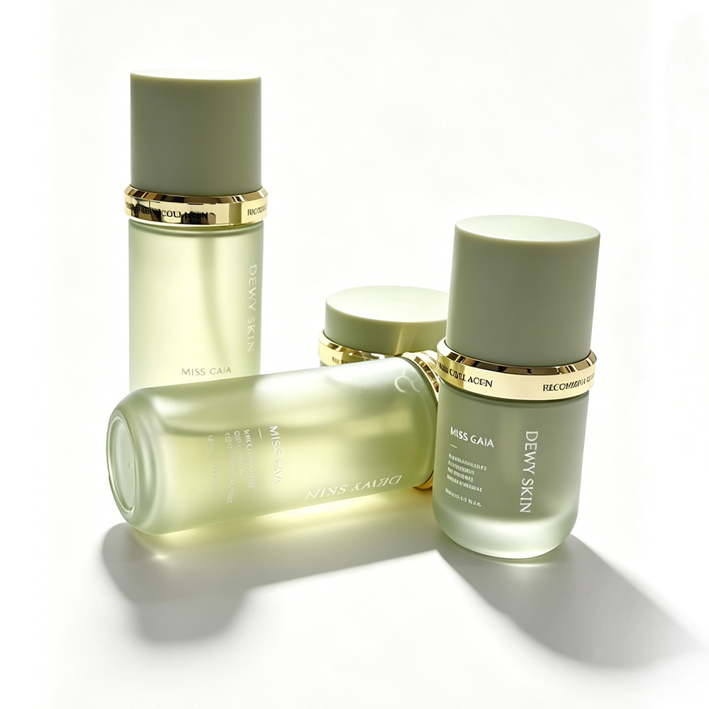 Custom matte green glass packaging for hydration toner and serum produced in GMP facility