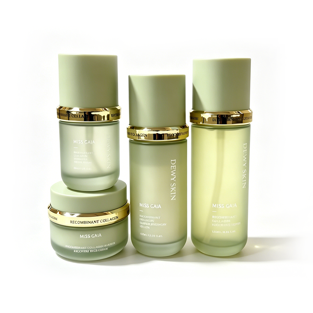 OEM recombinant collagen hydration skincare set in green matte glass bottles