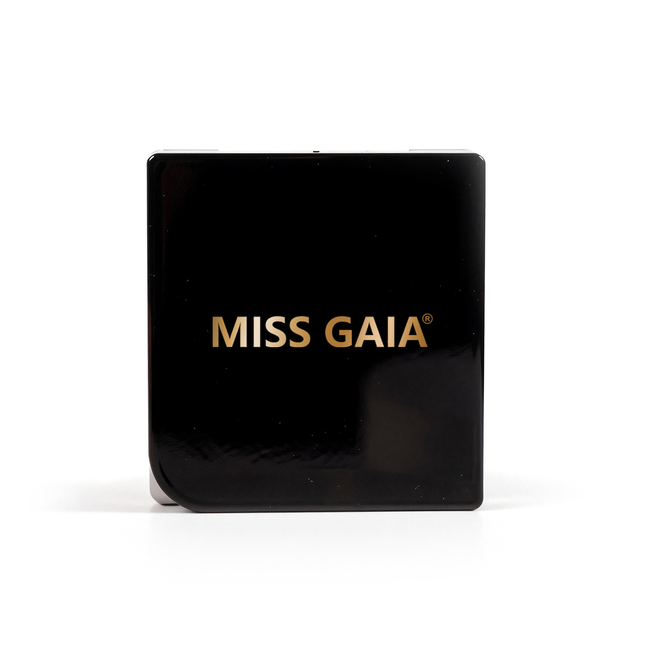 Minimalist black compact showing custom logo printing services for private label beauty brands by MCcosme.