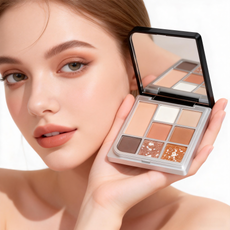 Fashion model swatch showing a natural daily makeup look using the 8-color palette. Build your brand with OEM makeup factory MCcosme.
