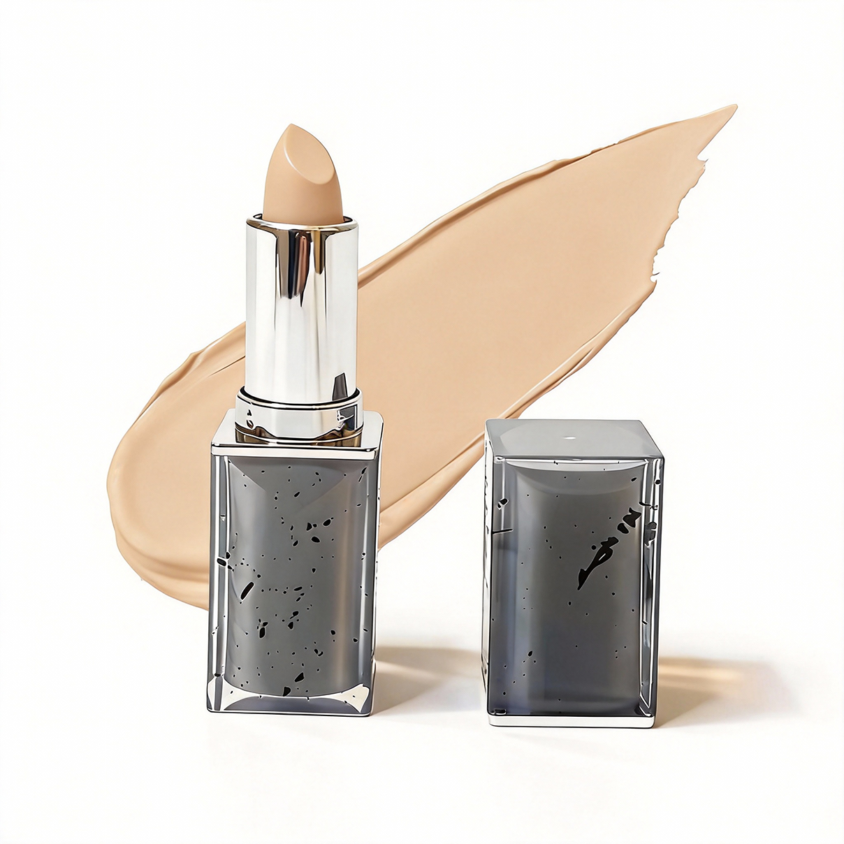 Nude beige velvet matte lipstick swatch with industrial packaging design. Build your brand with MCcosme factory.