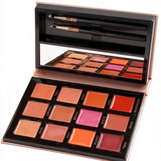 MCcosme private label 12 color pro lip palette equipped with custom brushes and a mirror.
