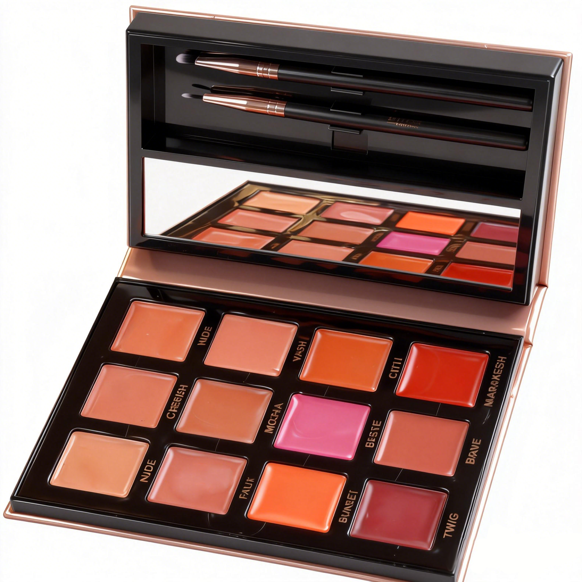 MCcosme private label 12 color pro lip palette equipped with custom brushes and a mirror.