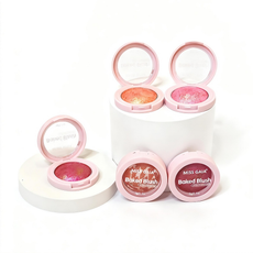 Private label baked blush collection displayed on podium, featuring marbled texture and radiant finish for luxury cosmetic brands.