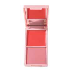 Square compact duo blush palette in peach shade, available for private label manufacturing and wholesale.