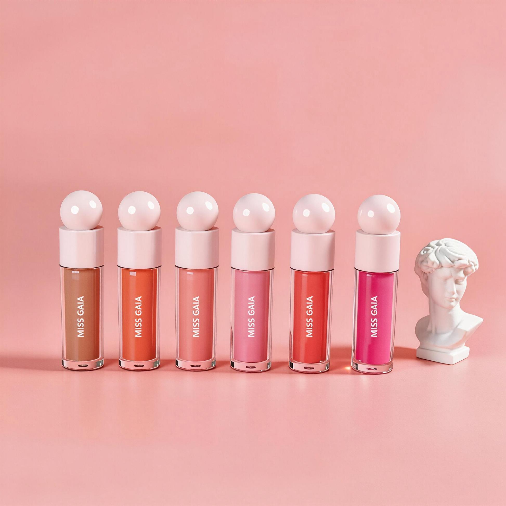 Full collection of private label liquid blush tubes with round caps, displayed for wholesale cosmetic buyers.